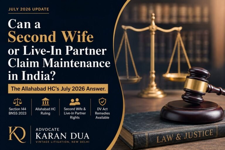 Can a second wife or live-in partner claim maintenance in India? Legal banner featuring a judge's gavel, scales of justice, and the Allahabad High Court July 2026 ruling on Section 144 BNSS and DV Act remedies.