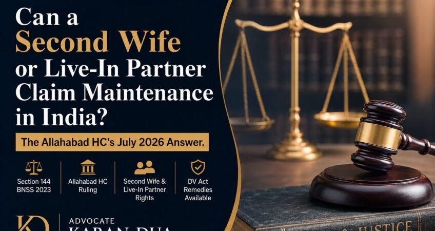 Can a second wife or live-in partner claim maintenance in India? Legal banner featuring a judge's gavel, scales of justice, and the Allahabad High Court July 2026 ruling on Section 144 BNSS and DV Act remedies.