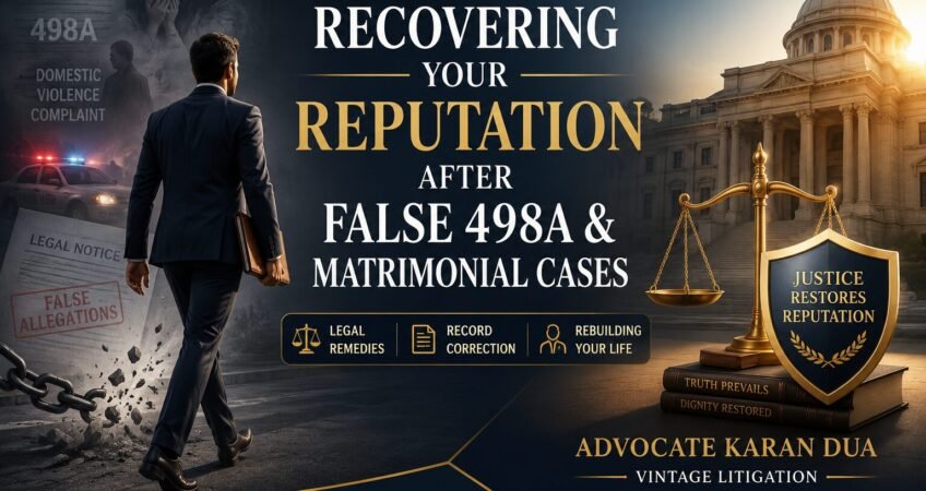 Professional legal illustration showing a man walking away from a courthouse after a false 498A and matrimonial case, symbolizing reputation recovery, legal remedies, record correction, and justice restored.