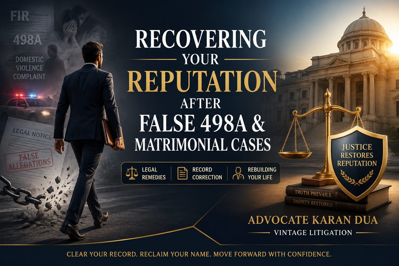 Professional legal illustration showing a man walking away from a courthouse after a false 498A and matrimonial case, symbolizing reputation recovery, legal remedies, record correction, and justice restored.