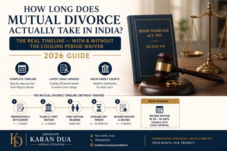 Infographic explaining the mutual divorce timeline in India with and without a cooling-off period waiver under Section 13B of the Hindu Marriage Act.