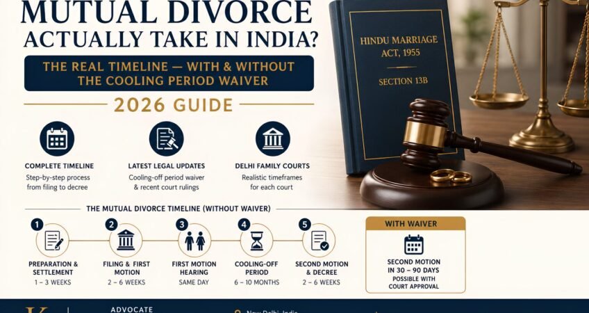 Infographic explaining the mutual divorce timeline in India with and without a cooling-off period waiver under Section 13B of the Hindu Marriage Act.