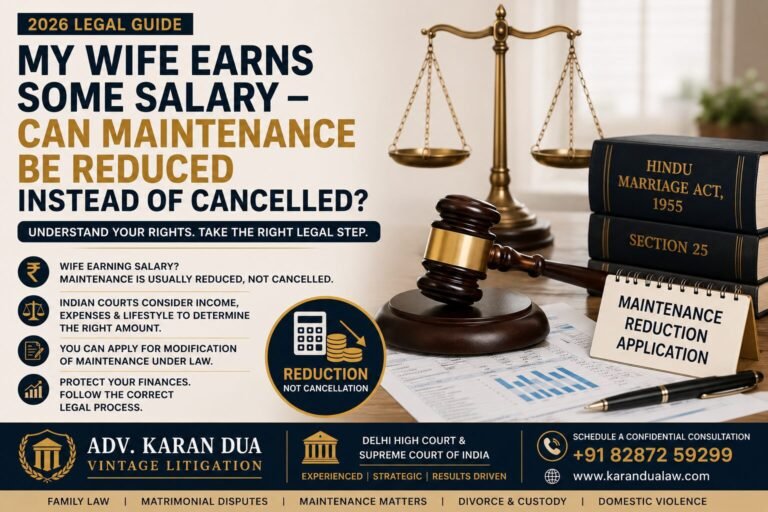My Wife Earns Some Salary – Can Maintenance Be Reduced Instead of Cancelled? Featured image showing a judge's gavel, scales of justice, Section 25 of the Hindu Marriage Act, and legal documents representing maintenance reduction under Indian family law.