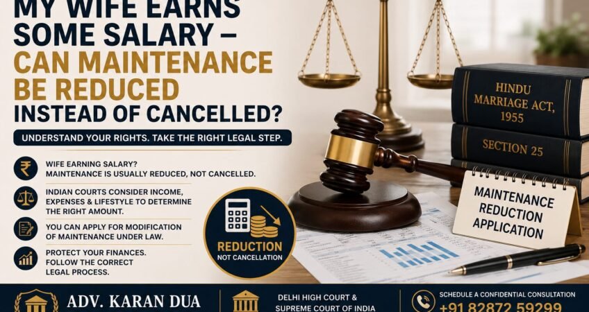 My Wife Earns Some Salary – Can Maintenance Be Reduced Instead of Cancelled? Featured image showing a judge's gavel, scales of justice, Section 25 of the Hindu Marriage Act, and legal documents representing maintenance reduction under Indian family law.