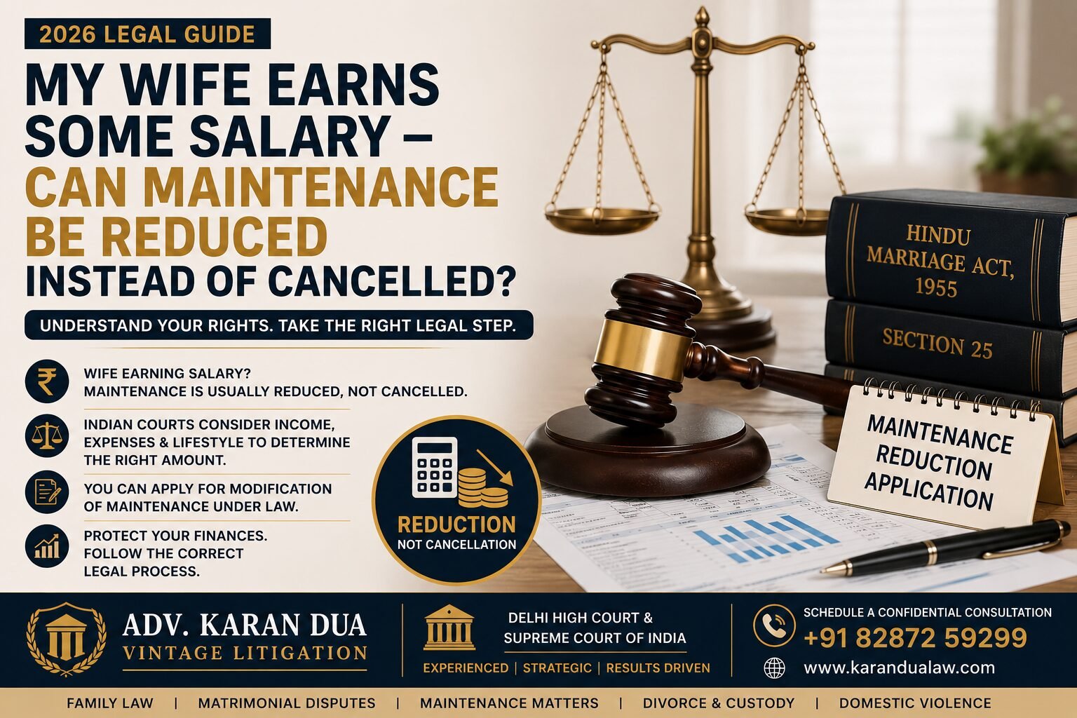 My Wife Earns Some Salary – Can Maintenance Be Reduced Instead of Cancelled? Featured image showing a judge's gavel, scales of justice, Section 25 of the Hindu Marriage Act, and legal documents representing maintenance reduction under Indian family law.