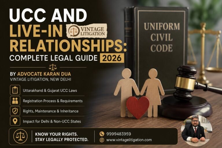 UCC and live-in relationships in India 2026 legal guide banner featuring a gavel, Uniform Civil Code book, and couple figures representing live-in relationship laws.