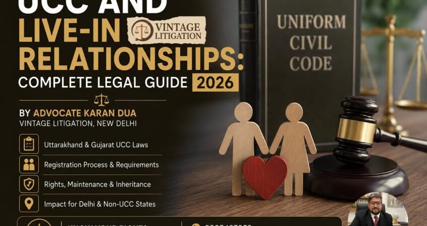 UCC and live-in relationships in India 2026 legal guide banner featuring a gavel, Uniform Civil Code book, and couple figures representing live-in relationship laws.
