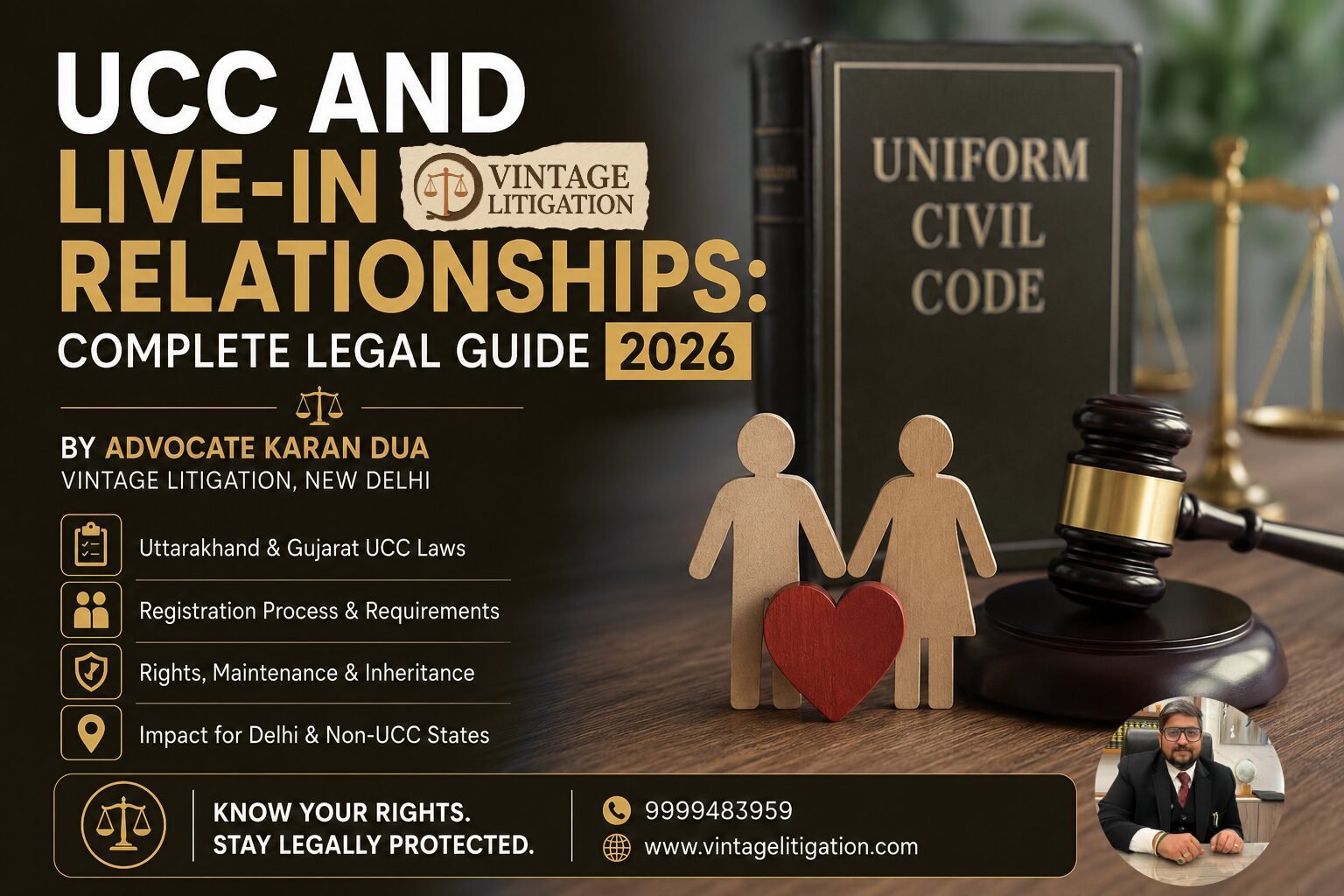 UCC and live-in relationships in India 2026 legal guide banner featuring a gavel, Uniform Civil Code book, and couple figures representing live-in relationship laws.