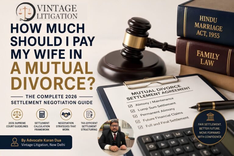 How Much Should I Pay My Wife in a Mutual Divorce? Legal blog cover featuring a judge's gavel, settlement agreement, calculator, and law books representing mutual divorce settlement negotiations in India.