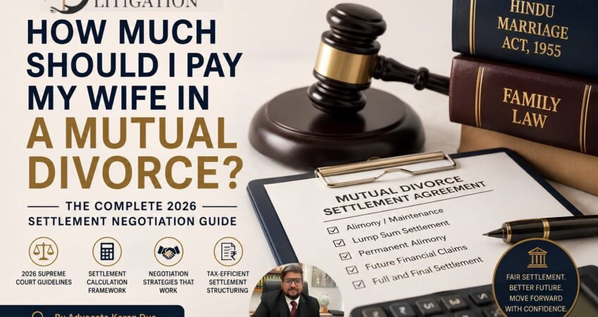How Much Should I Pay My Wife in a Mutual Divorce? Legal blog cover featuring a judge's gavel, settlement agreement, calculator, and law books representing mutual divorce settlement negotiations in India.