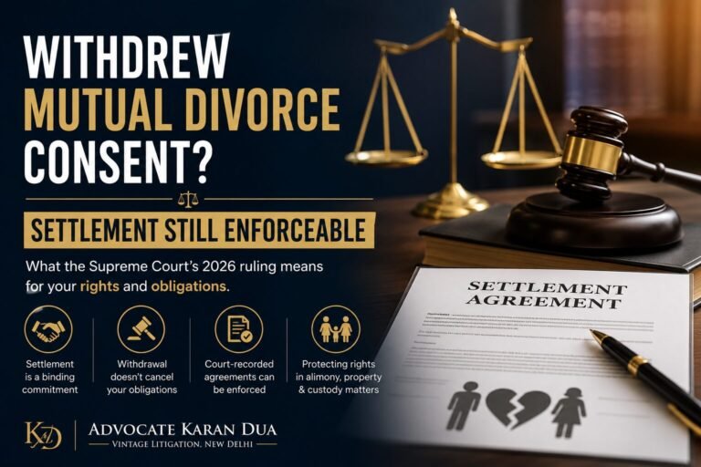 Legal banner explaining that withdrawing mutual divorce consent does not automatically cancel a signed settlement agreement after the Supreme Court's 2026 ruling.