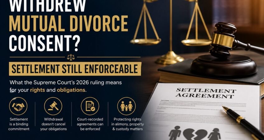 Legal banner explaining that withdrawing mutual divorce consent does not automatically cancel a signed settlement agreement after the Supreme Court's 2026 ruling.