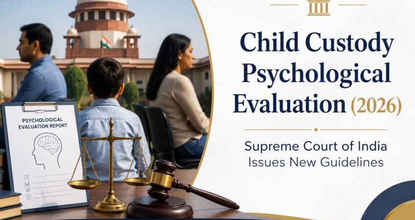 Child custody psychological evaluation 2026 banner featuring the Supreme Court of India, a child between separated parents, and legal symbols representing new custody guidelines.