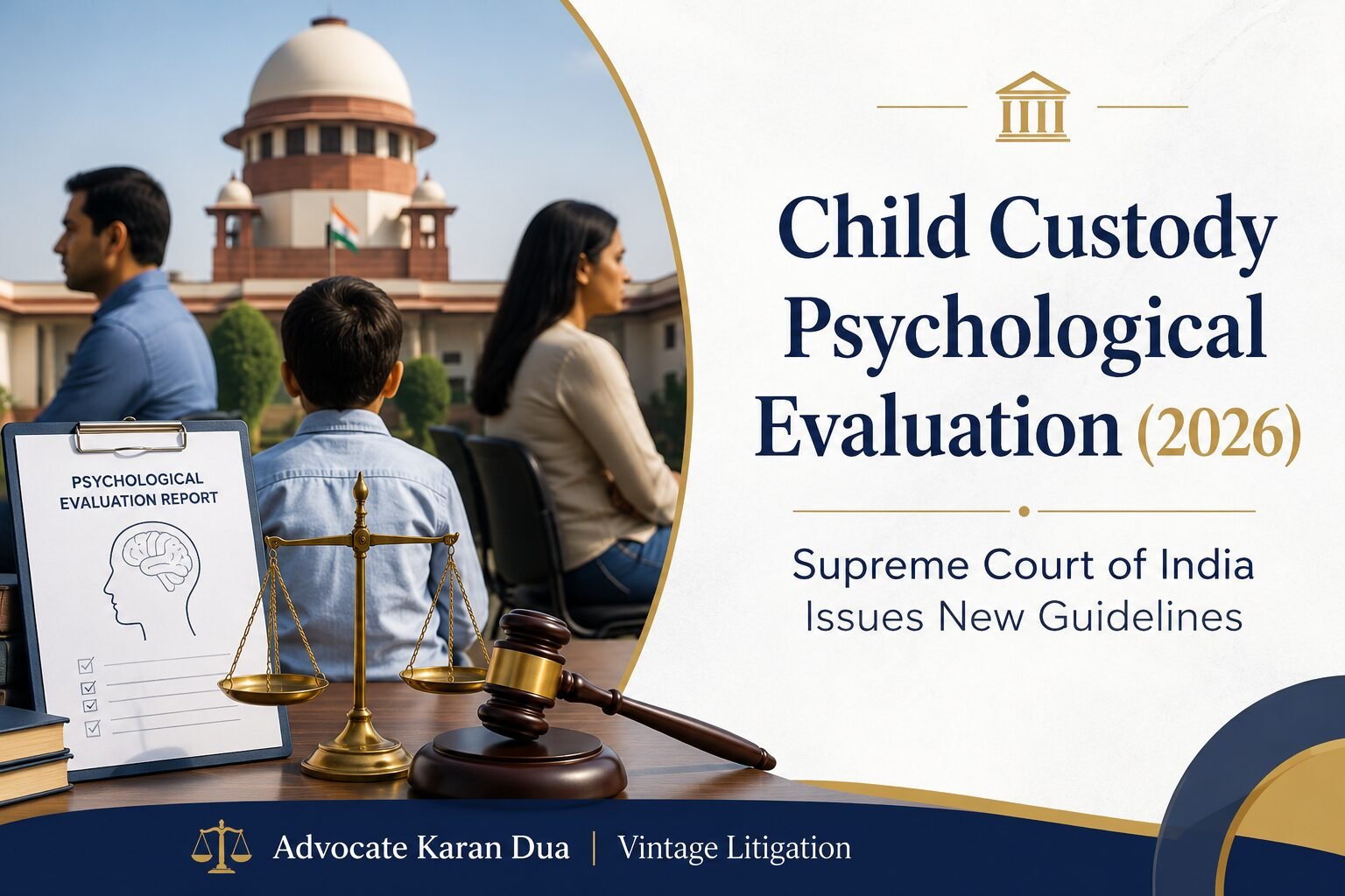Child custody psychological evaluation 2026 banner featuring the Supreme Court of India, a child between separated parents, and legal symbols representing new custody guidelines.