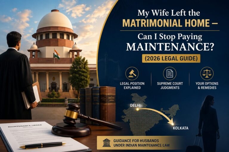 My Wife Left the Matrimonial Home – Can I Stop Paying Maintenance? 2026 legal guide featuring the Supreme Court of India, maintenance order, and family law concepts.