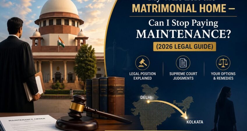 My Wife Left the Matrimonial Home – Can I Stop Paying Maintenance? 2026 legal guide featuring the Supreme Court of India, maintenance order, and family law concepts.
