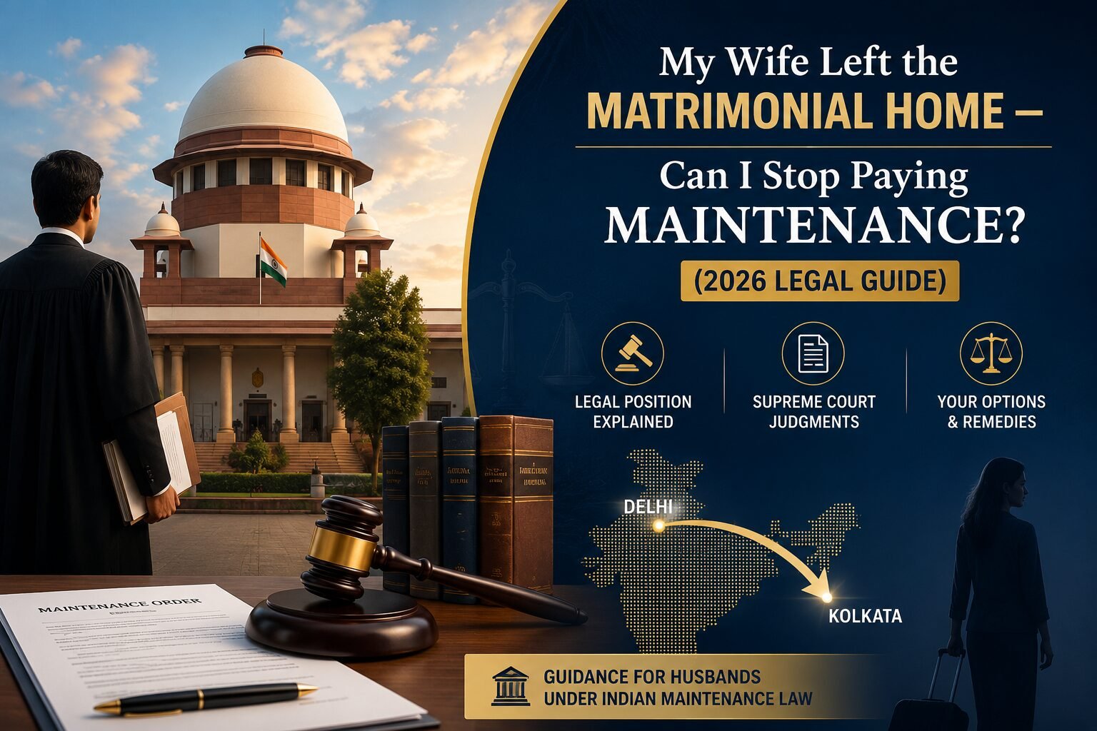 My Wife Left the Matrimonial Home – Can I Stop Paying Maintenance? 2026 legal guide featuring the Supreme Court of India, maintenance order, and family law concepts.