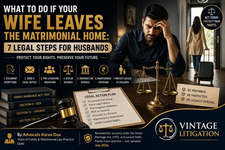 Worried husband after his wife leaves the matrimonial home, with legal documents, scales of justice, and information about the seven legal steps available under Indian family law.