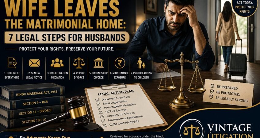 Worried husband after his wife leaves the matrimonial home, with legal documents, scales of justice, and information about the seven legal steps available under Indian family law.