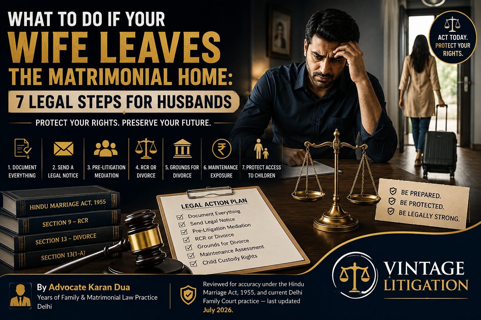 Worried husband after his wife leaves the matrimonial home, with legal documents, scales of justice, and information about the seven legal steps available under Indian family law.