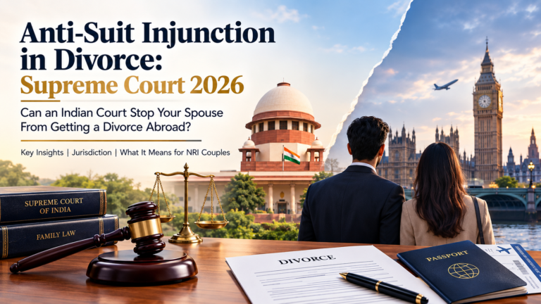 Anti-suit injunction in divorce involving an Indian Supreme Court, London background, an NRI couple, passport, divorce documents, gavel and family law books.