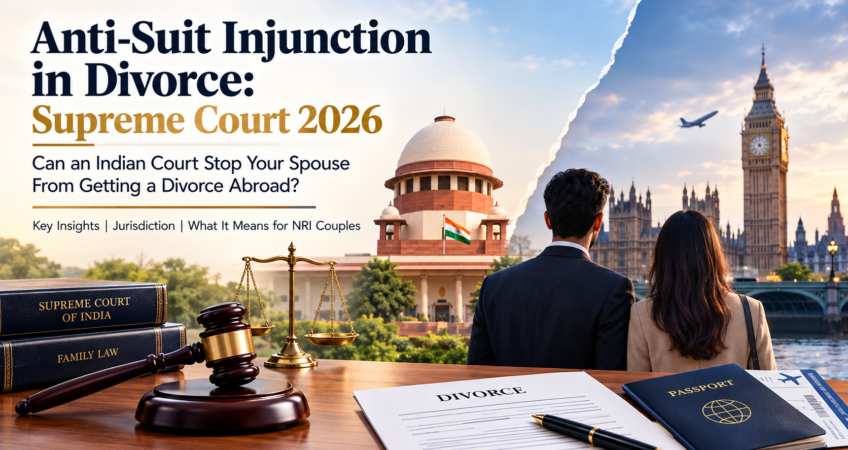 Anti-suit injunction in divorce involving an Indian Supreme Court, London background, an NRI couple, passport, divorce documents, gavel and family law books.